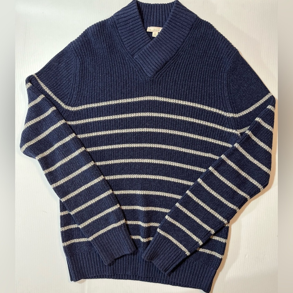 Gap Sweater Mens Large Navy Gray Striped Shawl Collar Pullover Cotton Knit